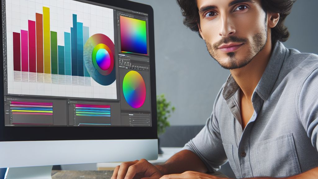 Diseñador gráfico utilizando una computadora para aplicar un diseño con colores vibrantes a un template de revista.