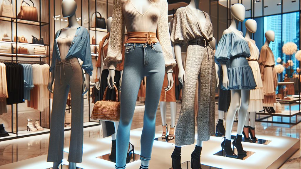 Interior de una tienda de moda moderna, mostrando diversos maniquíes con ropa elegante y accesorios bien iluminados, para sugerir la elección de imágenes de alta calidad que complementen el diseño.