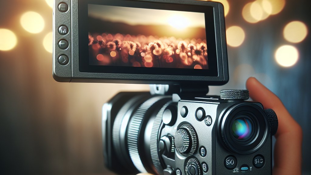 Cámara de vídeo digital moderna con ajustes manuales, mostrando en pantalla una imagen con bokeh hermoso y un fondo desenfocado