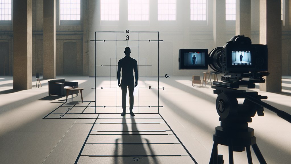 Interior amplio y bien iluminado por luz natural, configuración de un set de filmación con cámara en trípode y un sujeto humano posicionado según la regla de los tercios