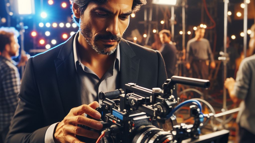 Director de cine ajustando la cámara para una toma importante en un set de filmación, mostrando la meticulosidad y el ambiente técnico del cine