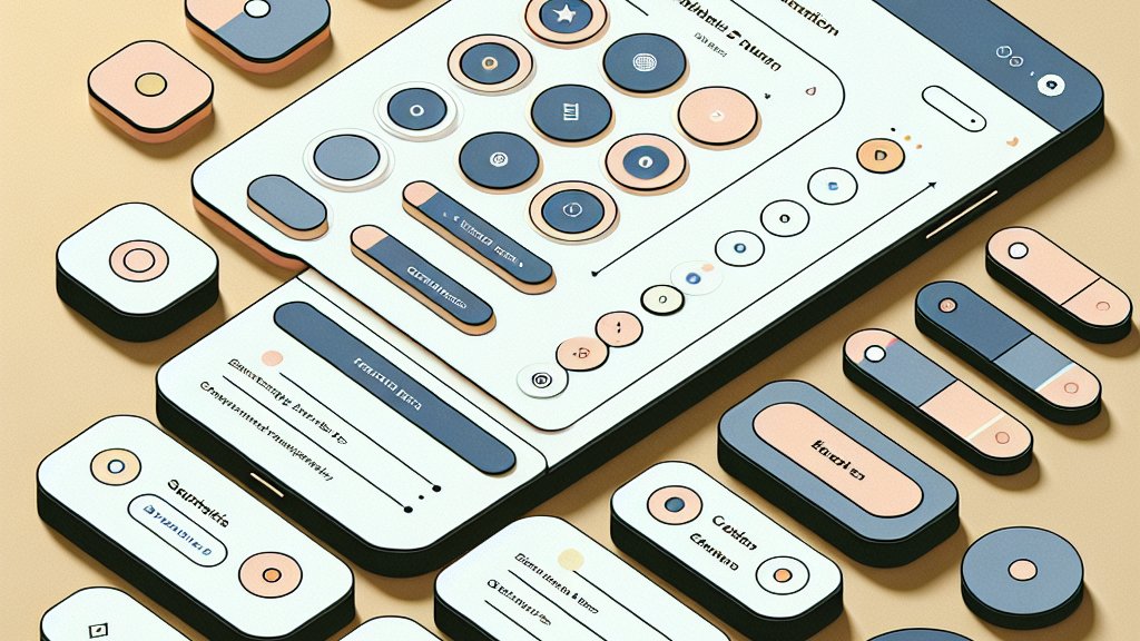 interfaz de usuario de aplicación con botones animados, secciones expandibles y diseño minimalista