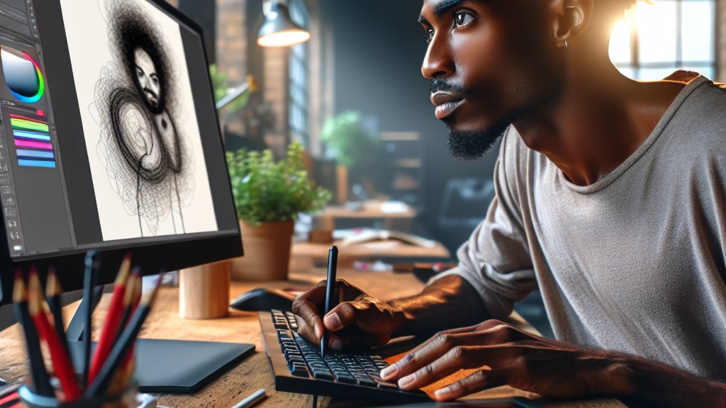 Un diseñador gráfico usando una computadora para crear arte digital mediante un software de IA