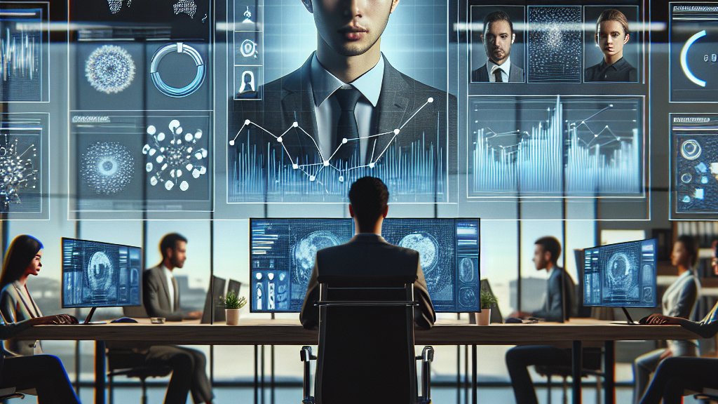 Una escena de oficina moderna, con múltiples pantallas mostrando gráficos y datos estadísticos, reflejando el uso de IA en la creación de contenido visual