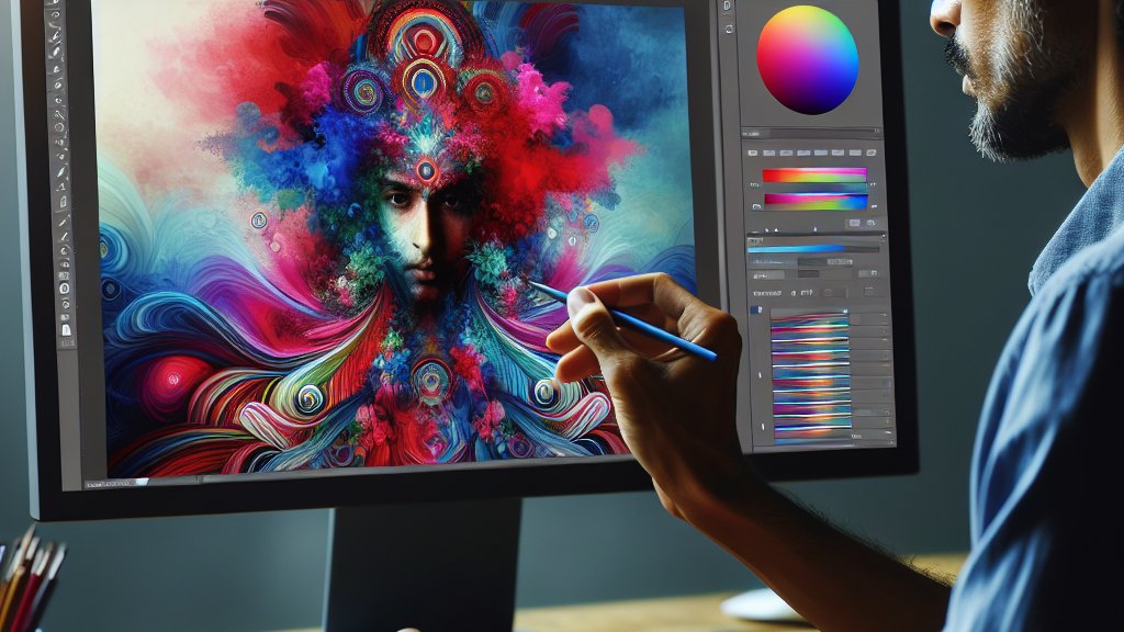 Un artista digital ajustando complejas configuraciones en un software de diseño gráfico, mientras en su pantalla se mezclan colores vivos formando una imagen abstracta