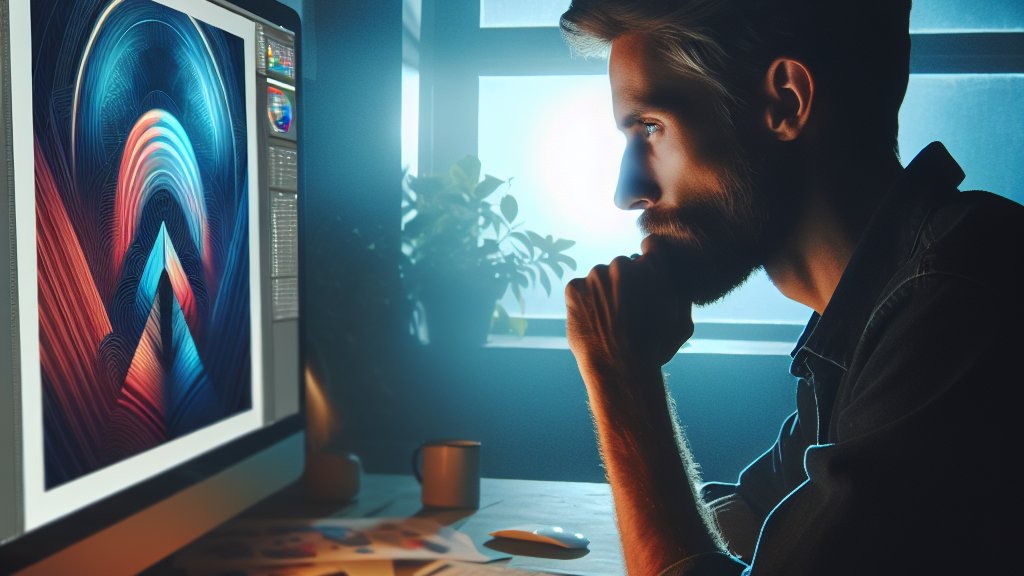 Un diseñador gráfico reflexionando mientras observa su obra de arte digital en una pantalla grande, iluminado solo por la luz del monitor en una habitación oscura