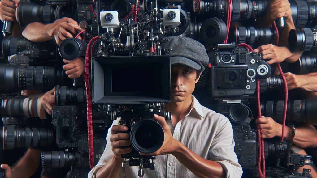 Un cineasta ajustando con frustración una cámara sobrecargada de accesorios innecesarios en un set abarrotado