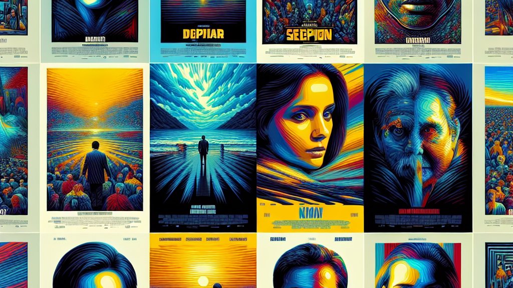 Una colección de posters de películas creados por IA, mostrando similitudes notables en estilo y color.