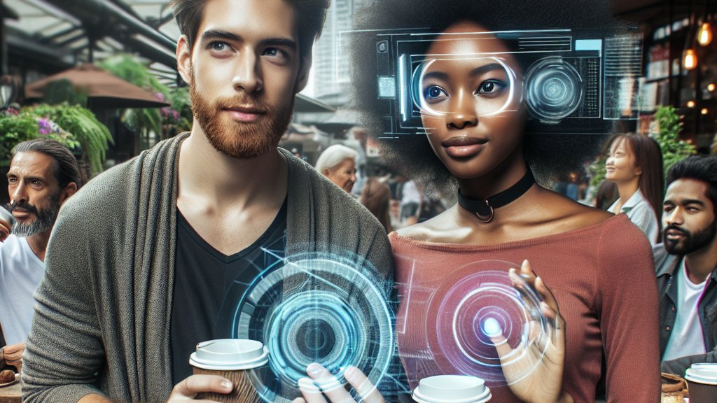 Jovenes usando realidad aumentada en un café urbano